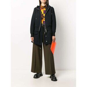 SACAI Black Cotton Sponge Fleece Knit Jersey Layered Hooded Dress Coat Jacket 1